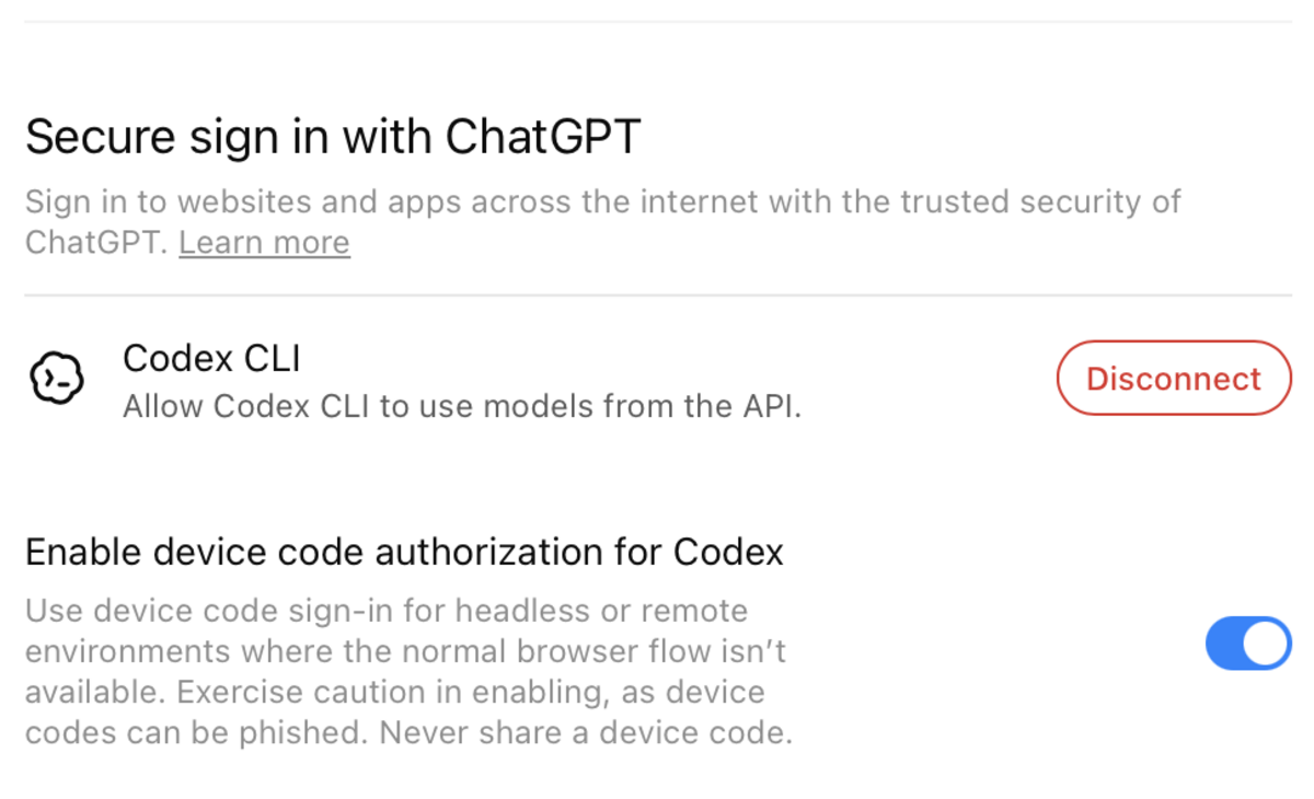 ChatGPT security settings showing device-code authorization for Codex enabled