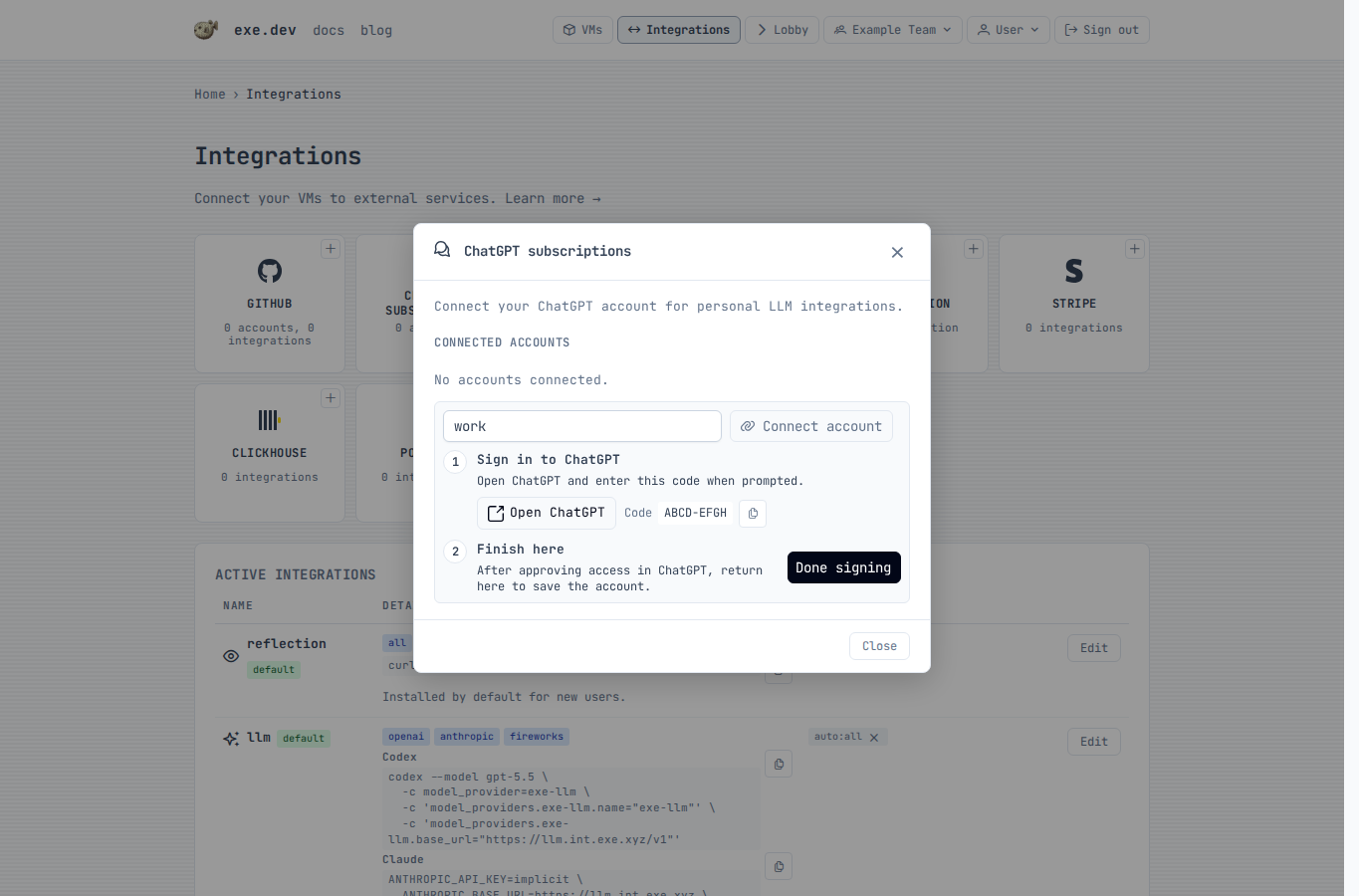 ChatGPT subscription modal showing the device code sign-in step