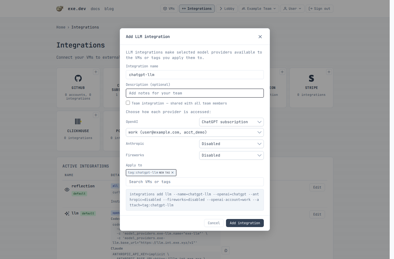 LLM integration modal configured to use a ChatGPT account for OpenAI