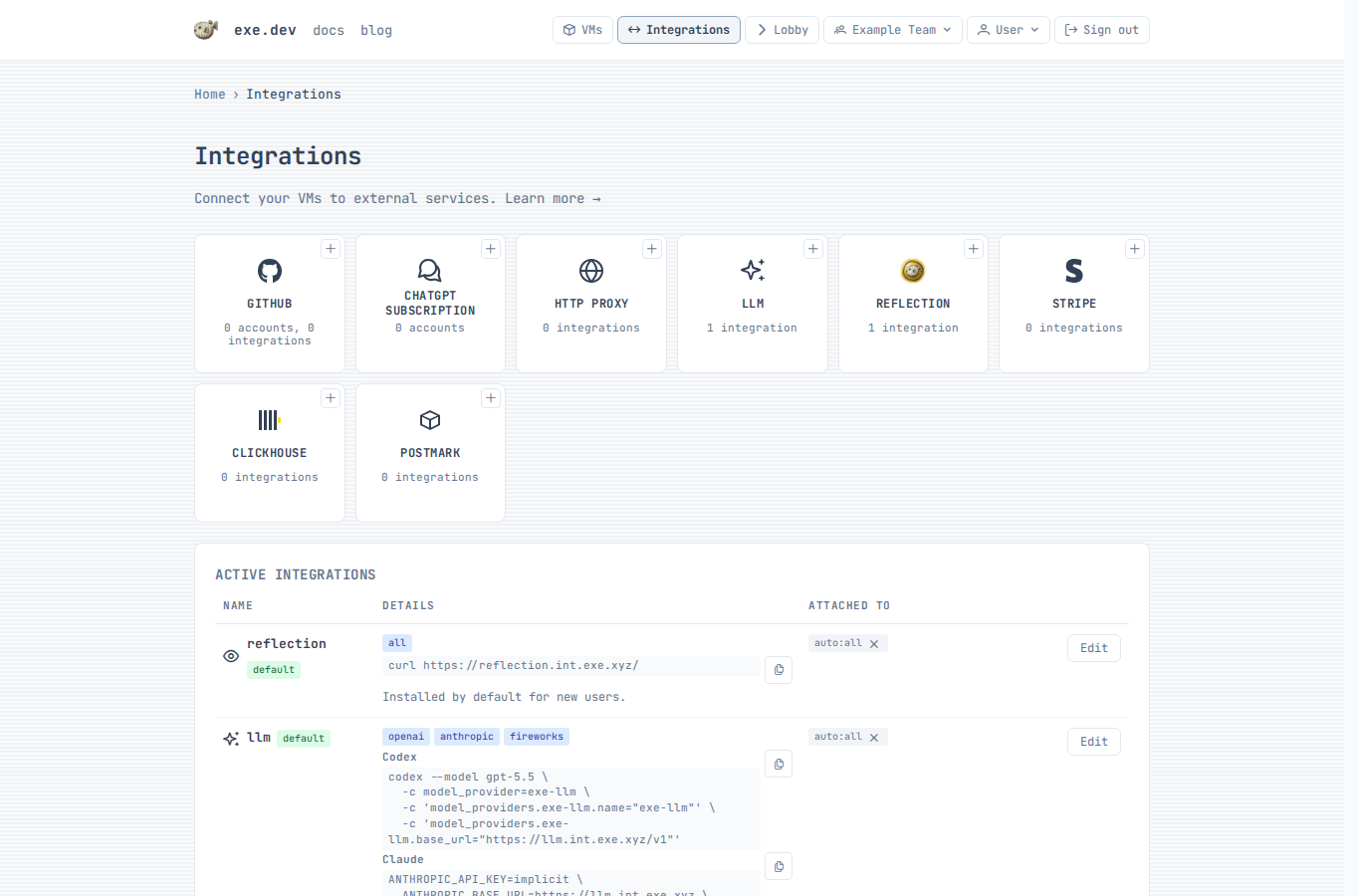 Integrations page showing the ChatGPT subscription and LLM tiles