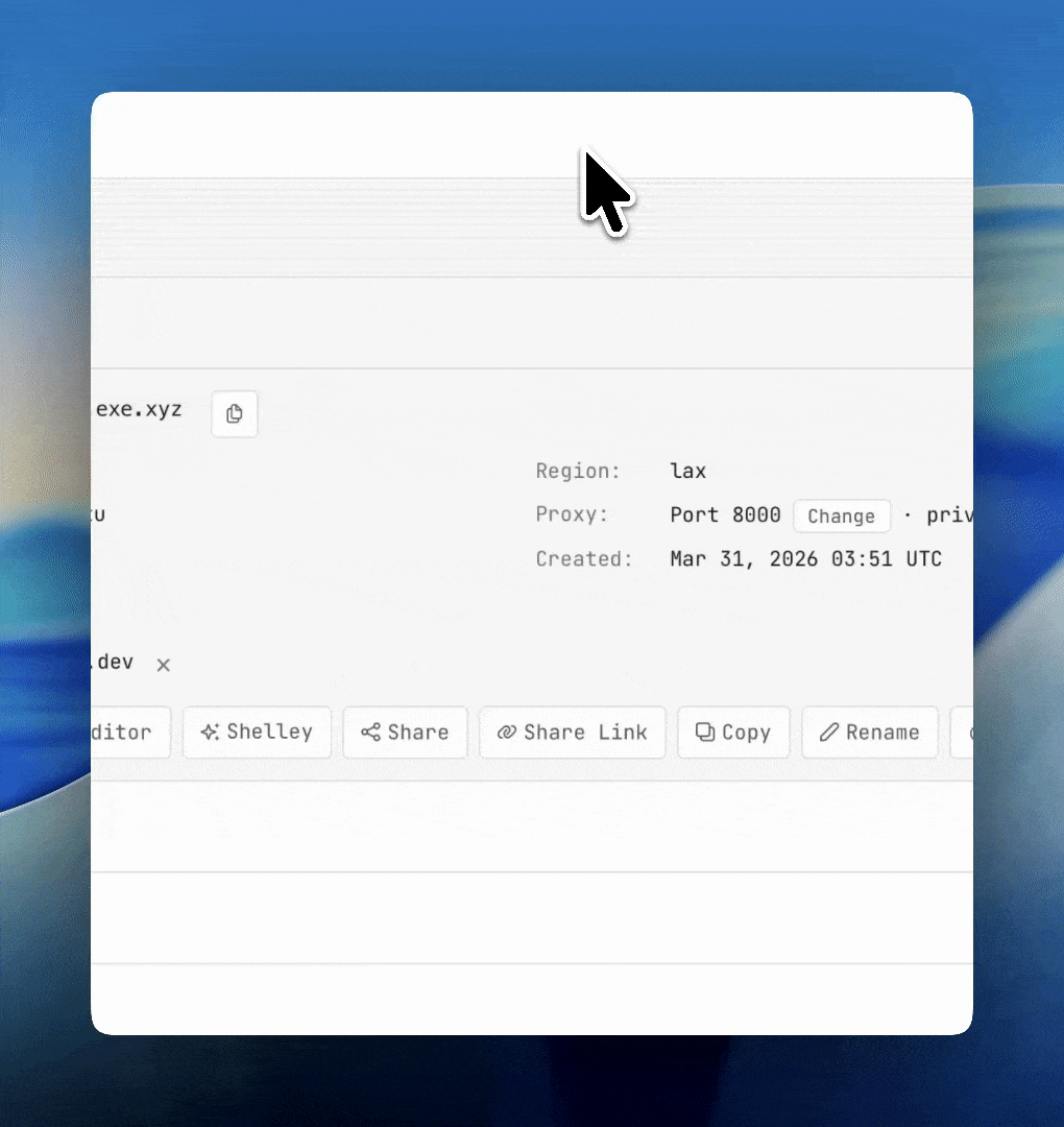 The exe.dev UI showing the command being run